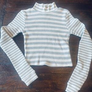 Aerie Gray and White Striped Turtleneck Top